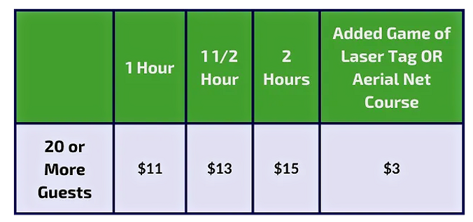 Zero Gravity Group Pricing Table